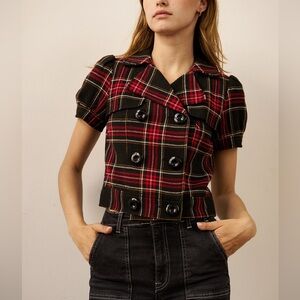 plaid button-up top.